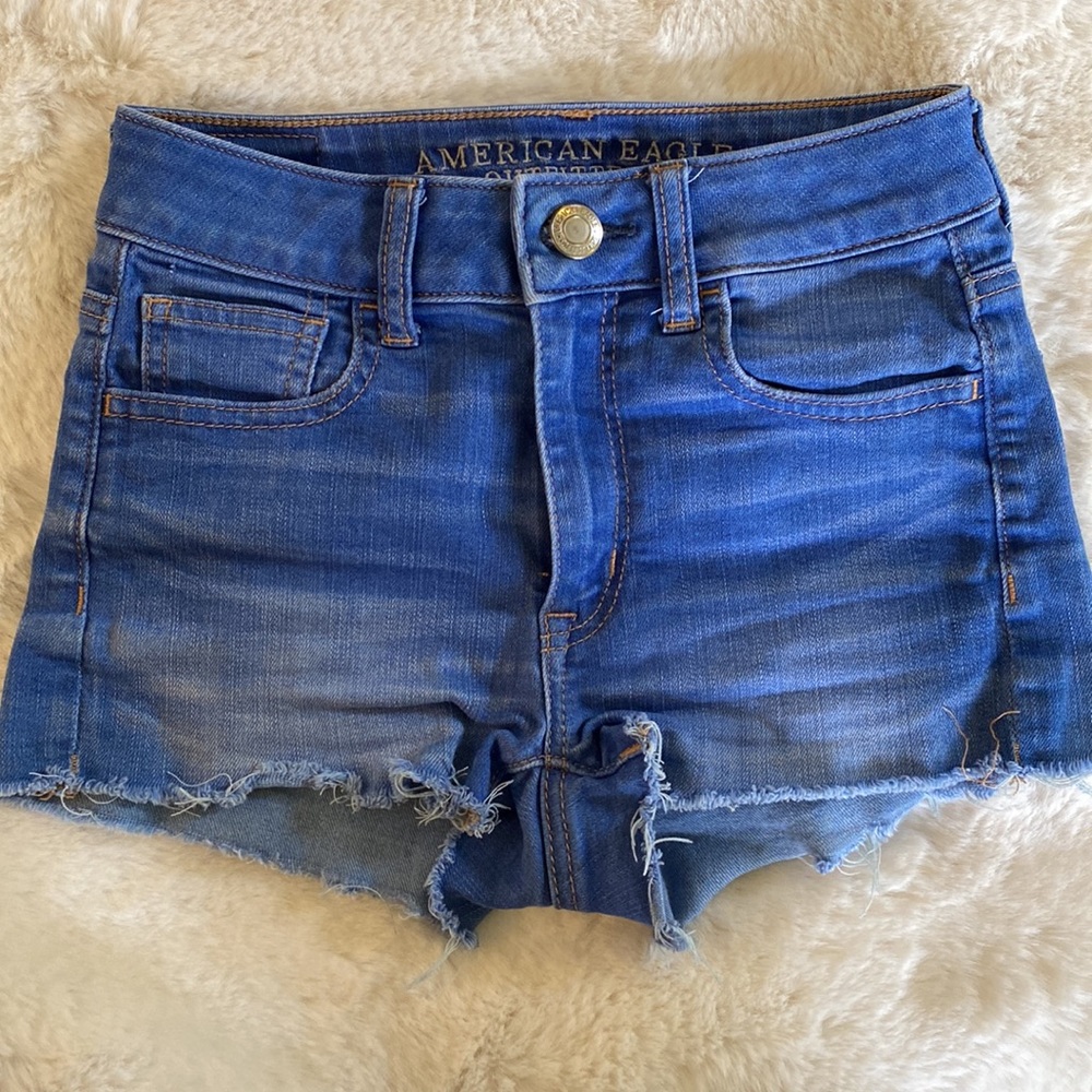 American Eagle Outfitters Blue Jean Super Stretch High Rise Shortie Shorts Sz 00